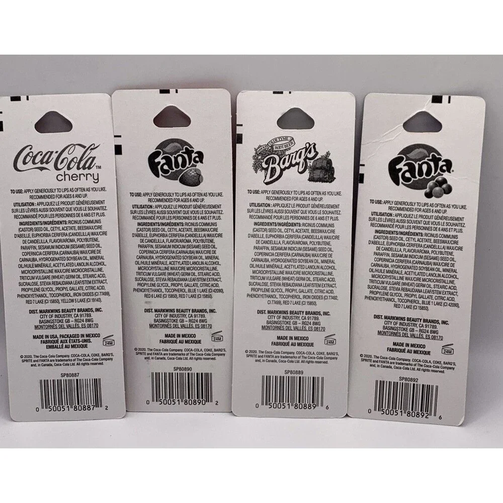 Licensed Soda Flavored Lip Balm-Coca Cola,Fanta, Cherry Cola, Barg’s￼. Lot Of 4